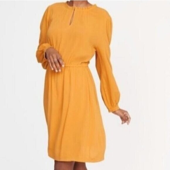 Old Navy Dress Women XXL Yellow Long Sleeve Ruffle Collar Pullover Lined - Picture 1 of 11